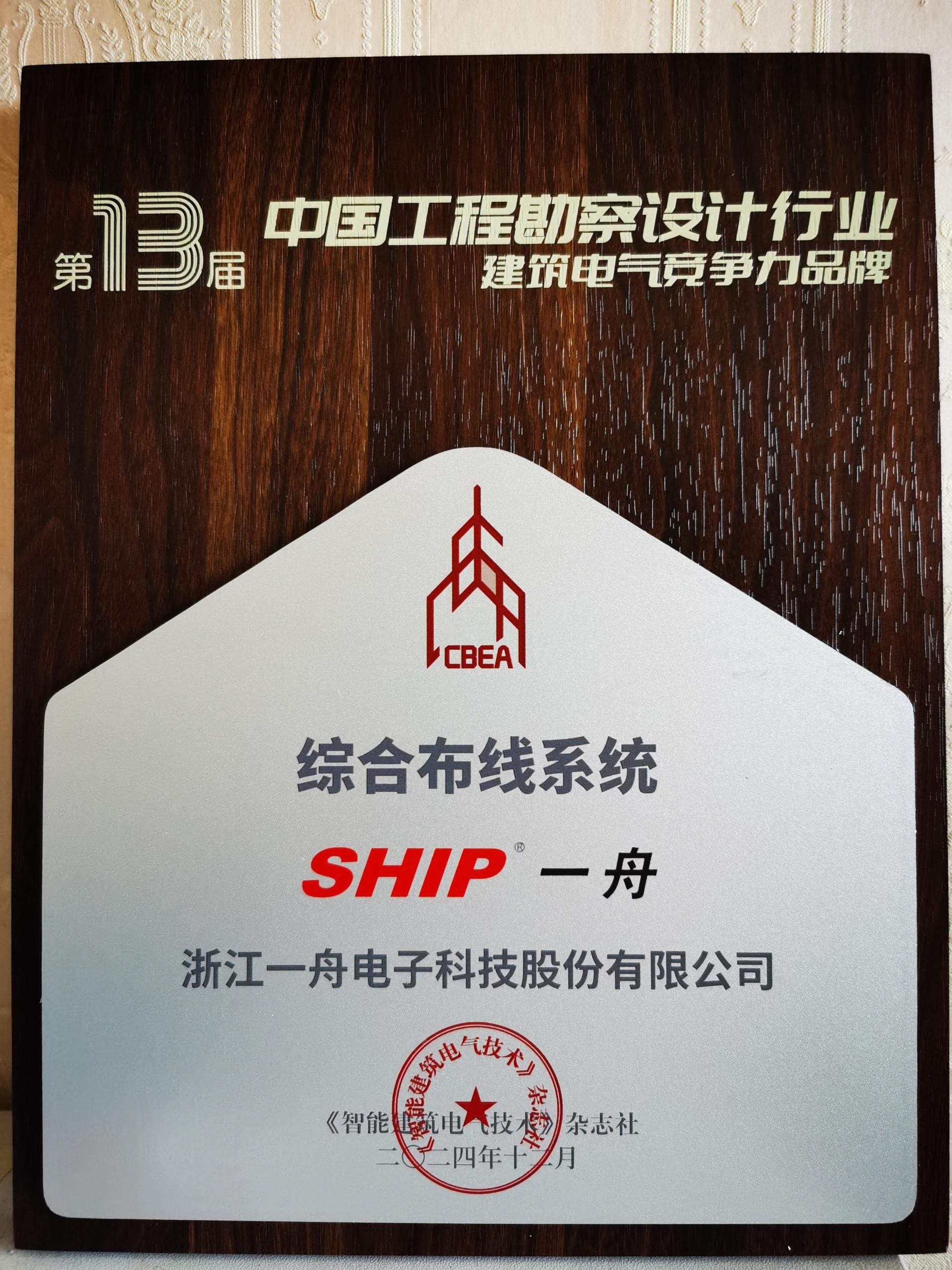 2024年一舟股份榮獲中國工程勘察設(shè)計(jì)行業(yè)綜合布線系統(tǒng)建筑電氣競爭力品牌.jpg
